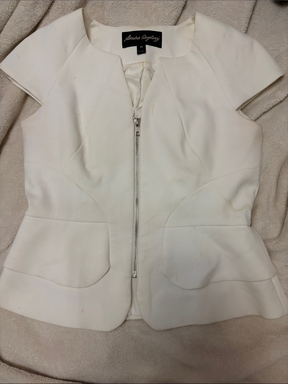 Sandra Angelozzi White Zip-Peplum Blazer